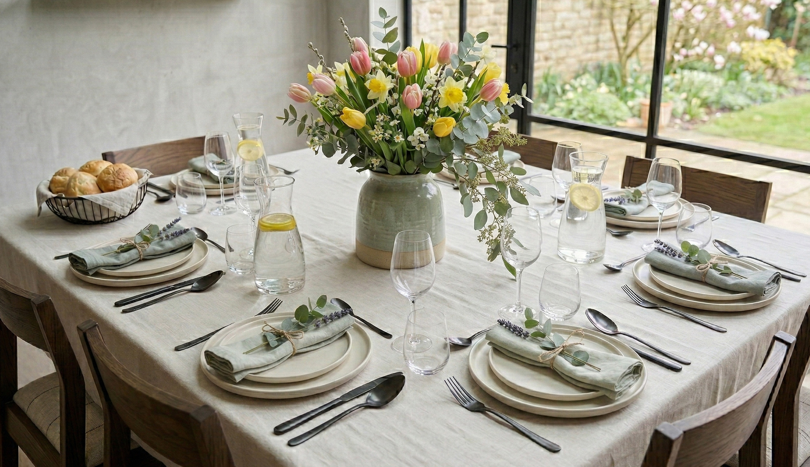 Tavola pasquale apparecchiata con decorazioni primaverili