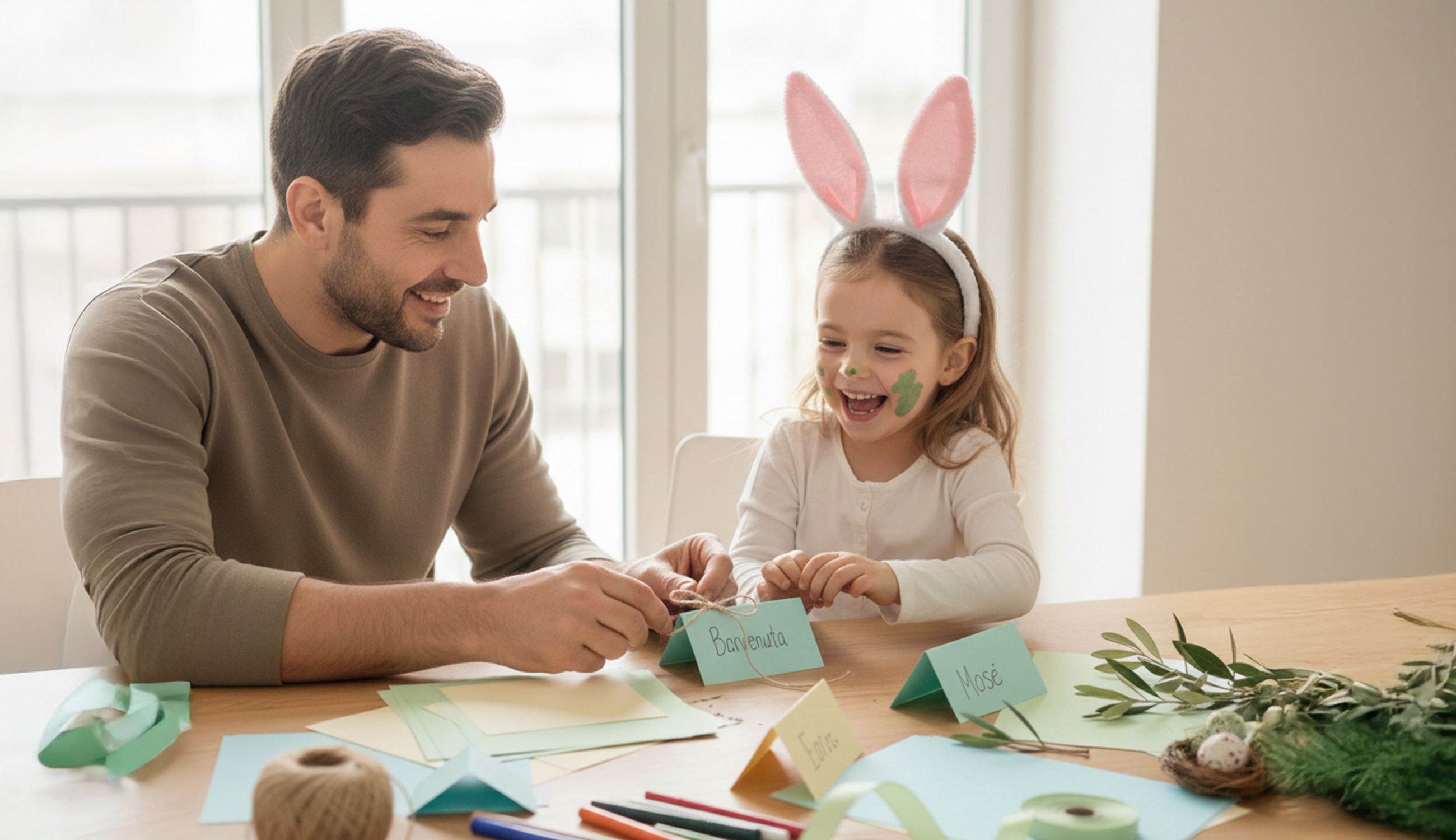 Segnaposto pasquali fai da te con cartoncino e ovetti sulla tavola di Pasqua