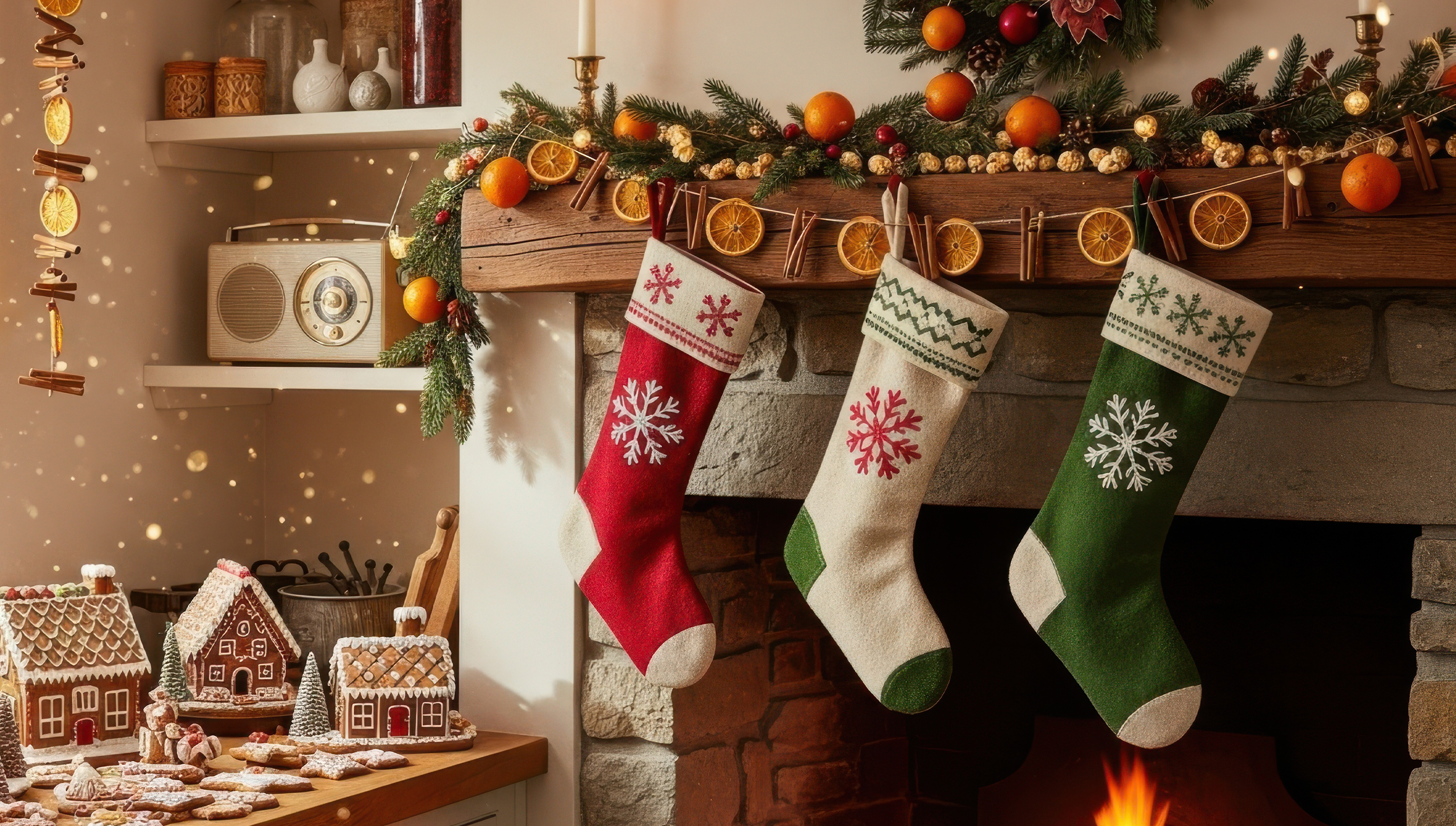 Calzette della Befana colorate appese al camino con dolcetti e decorazioni natalizie